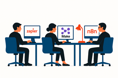 3 Menschen sitzen an Tischen mit Computern, auf den Bildschirmen sind die Namen der 3 Tools zapier, Make und n8n zu sehen